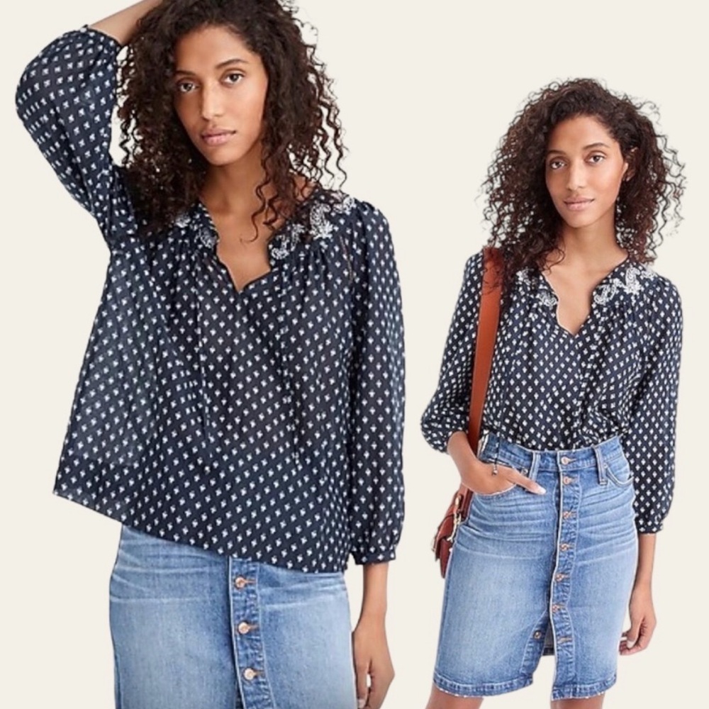 Point Sur J. Crew Boho Navy Embroidered Floral Peasant Top Size S